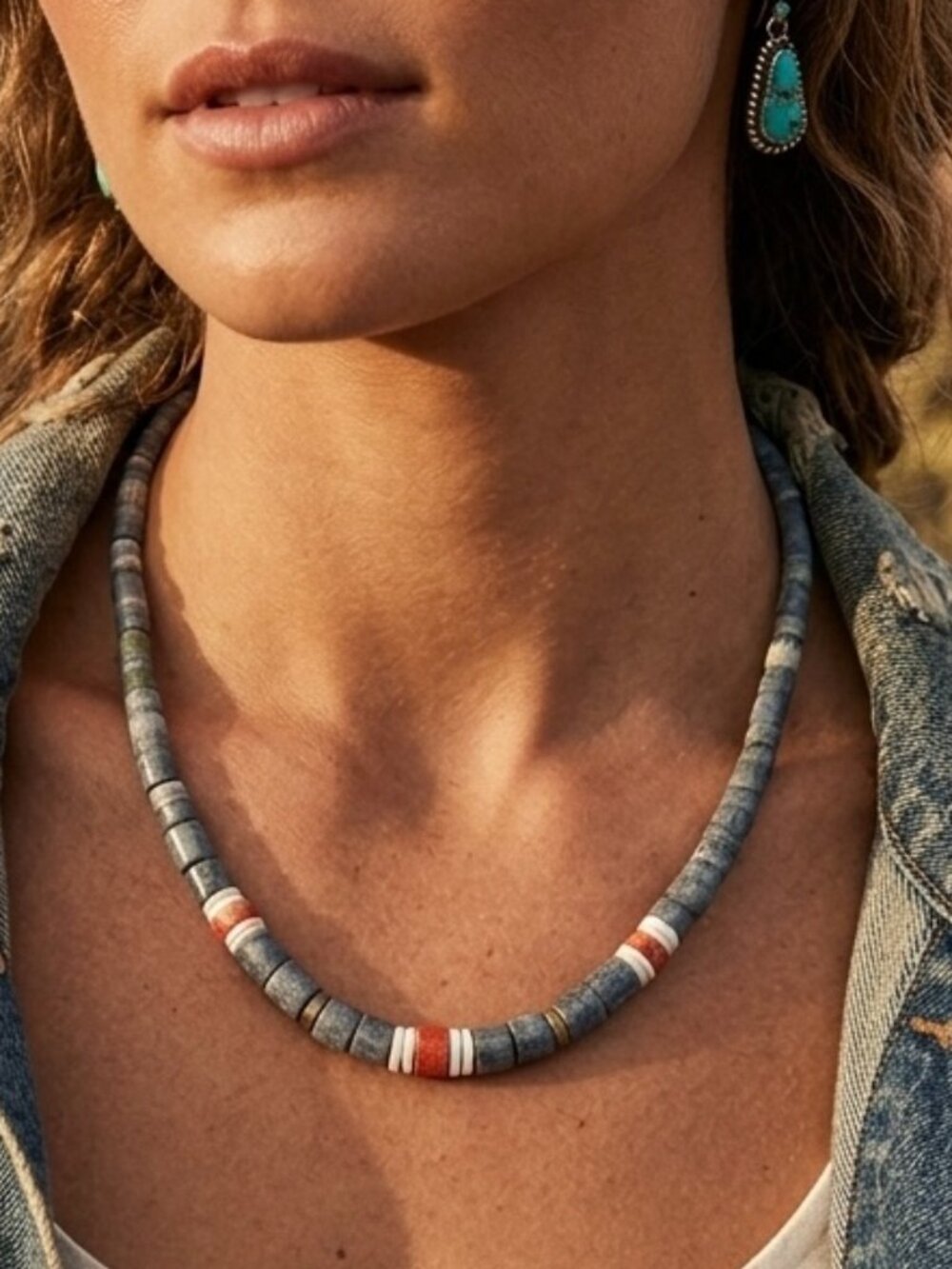 Vintage Southwestern Graduated Heishi Stone Bead Necklace Blue Rust Boho Chic